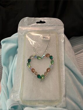 Heart Pendant Necklace with Green and Amber Crystals